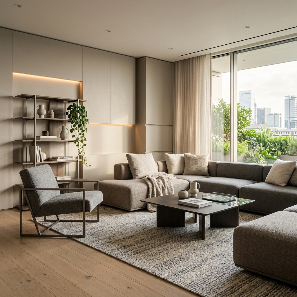 Современная гостиная с ТВ-зоной и хранением